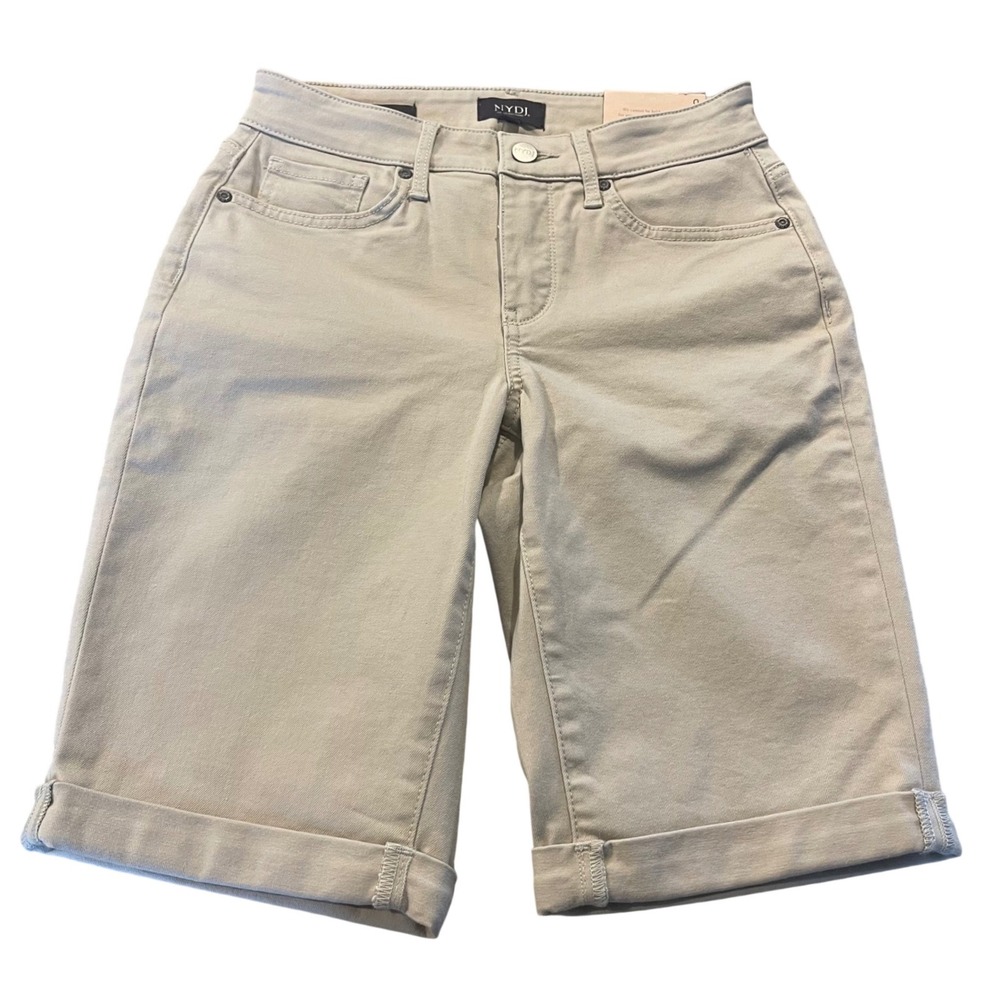 NYDJ Briella Shorts Women Size 0 Khaki Tan Coastal Preppy Lift Tuck Cuffed Hem